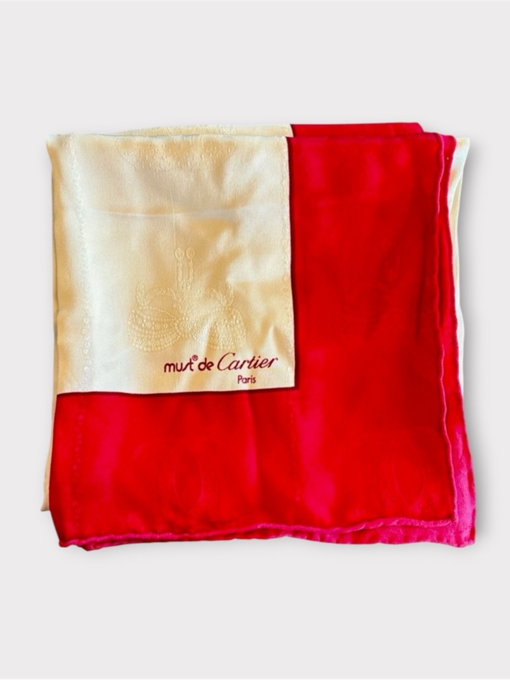 CARTIER Vintage Must de Cartier Paris 34" Silk Scarf Red Ivory Monogram Logo